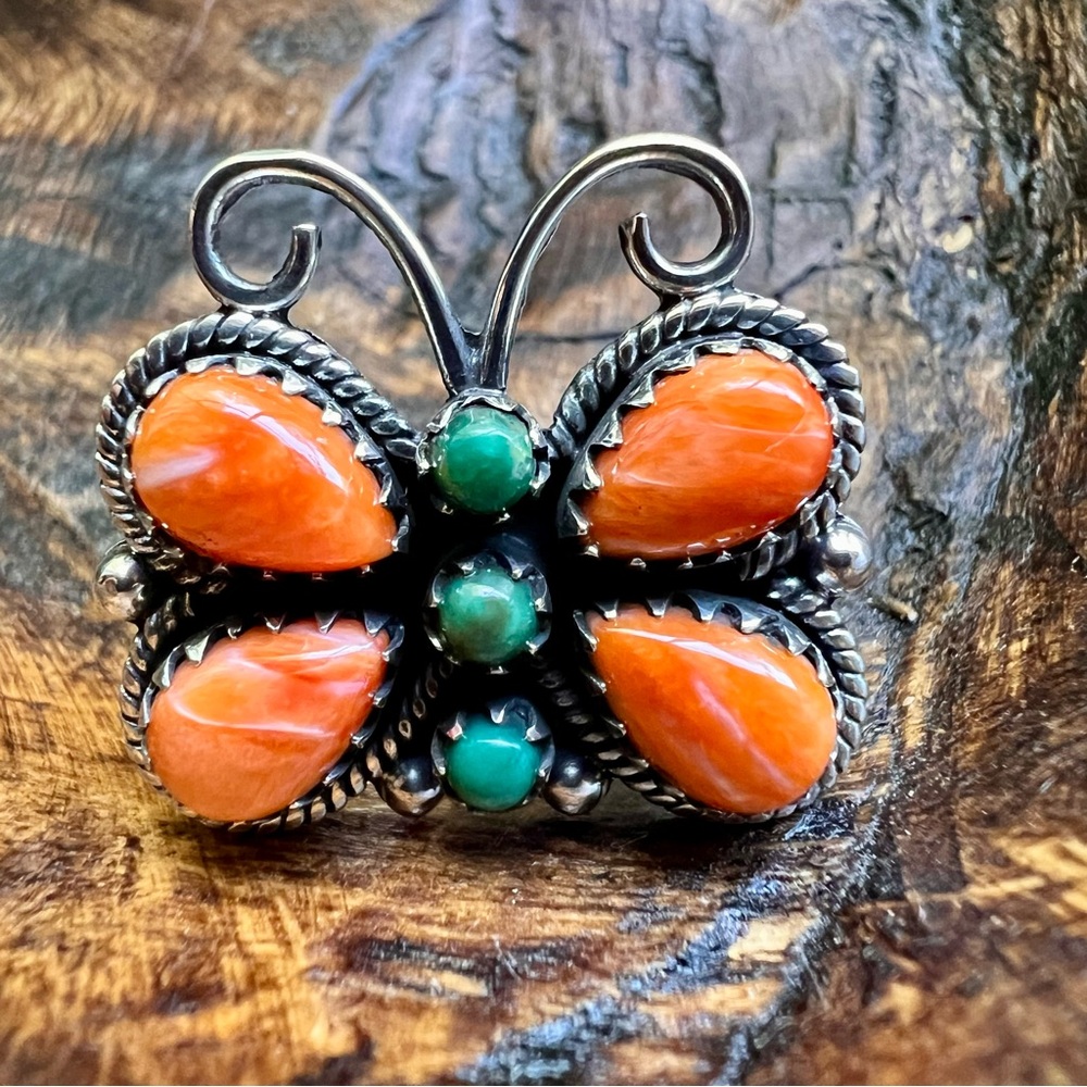 925 Sterling Silver Spiny Oyster & Kingman Turquoise Butterfly Ring Size 8